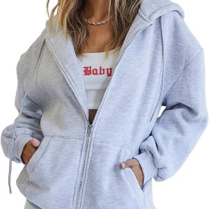 Womens Zip Up Hoodies Long Sleeve Fall Oversized Sweatshirts Fleece Y2K Jacket with Pockets 2024 Fashion Clothes