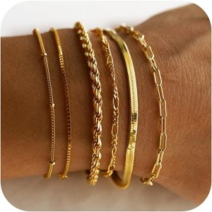 Gold Bracelets for Women Waterproof, 14K Real Gold Jewelry Sets for Women Trendy Thin Dainty Stackable Cuban Link Paperclip Chain Bracelet Pack Fashion Accessories Gifts for Womens