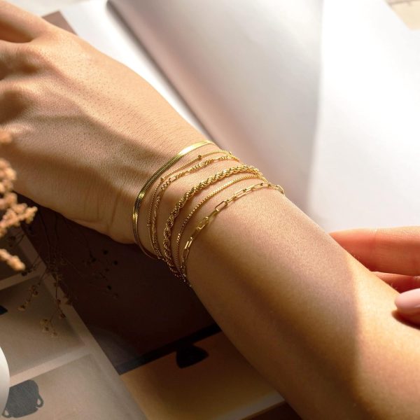 Gold Bracelets for Women Waterproof, 14K Real Gold Jewelry Sets for Women Trendy Thin Dainty Stackable Cuban Link Paperclip Chain Bracelet Pack Fashion Accessories Gifts for Womens - Image 2