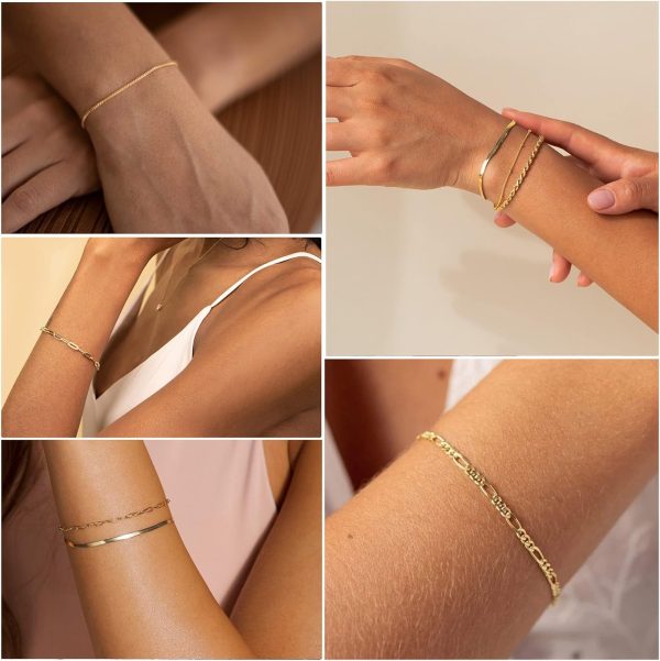 Gold Bracelets for Women Waterproof, 14K Real Gold Jewelry Sets for Women Trendy Thin Dainty Stackable Cuban Link Paperclip Chain Bracelet Pack Fashion Accessories Gifts for Womens - Image 4