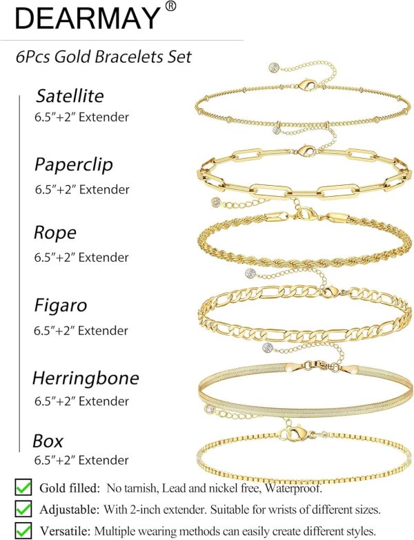 Gold Bracelets for Women Waterproof, 14K Real Gold Jewelry Sets for Women Trendy Thin Dainty Stackable Cuban Link Paperclip Chain Bracelet Pack Fashion Accessories Gifts for Womens - Image 5